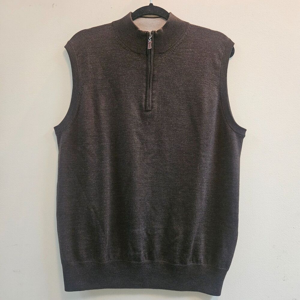 Peter Millar 1/4 Zip Vest Men Size M Brown Merino Wool Sleeveless Sweater Golf